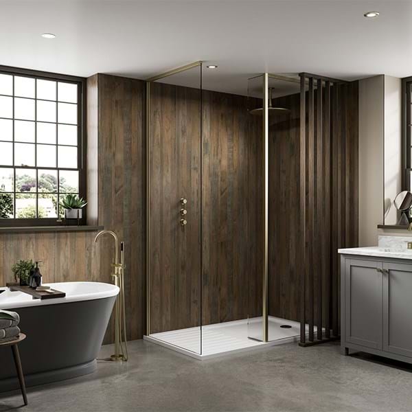 Salvaged Planked Elm wood effect bathroom wall panel from the Linda Barker Collection