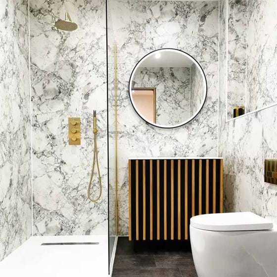 Bianca Luna bathroom wall panels from the Linda Barker Collection Shared by @35.Cronkdrean