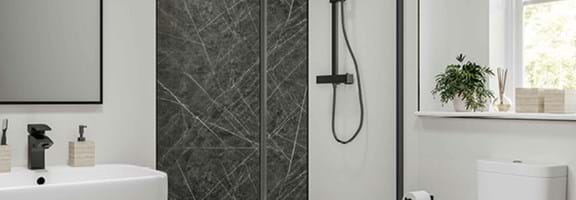 Dove Grey Bathroom wall panels Neutrals Collection paired with Nero grafite from the Linda Barker Collection in a family bathroom