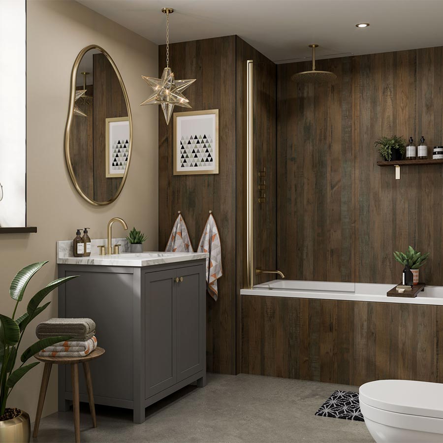 Salvaged plank elm bathroom wall panel 2024 bathroom trends