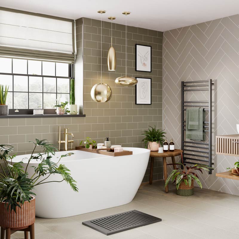 Sage green metro and taupe grey herringbone bathroom wall panels