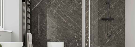 Dove Grey Bathroom wall panels Neutrals Collection paired with Ferro Graphite from the Linda Barker Collection in a family bathroom