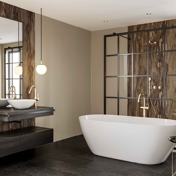 Dolce Macchiato bathroom wall panels from the Linda Barker Collection